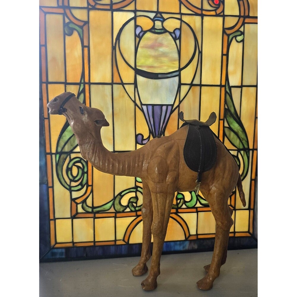 Leather Wrapped Camel Nativity Figurine Brown with Black Saddle 12.5" Tall